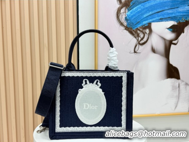 Sumptuous Dior Small Book Tote Bag in Blue Oblique Embroidery with White Lace and Dior Médaillon 0127057 2026