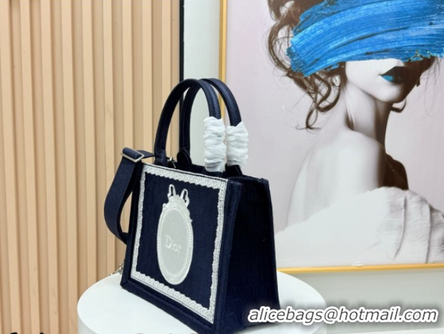 Sumptuous Dior Small Book Tote Bag in Blue Oblique Embroidery with White Lace and Dior Médaillon 0127057 2026