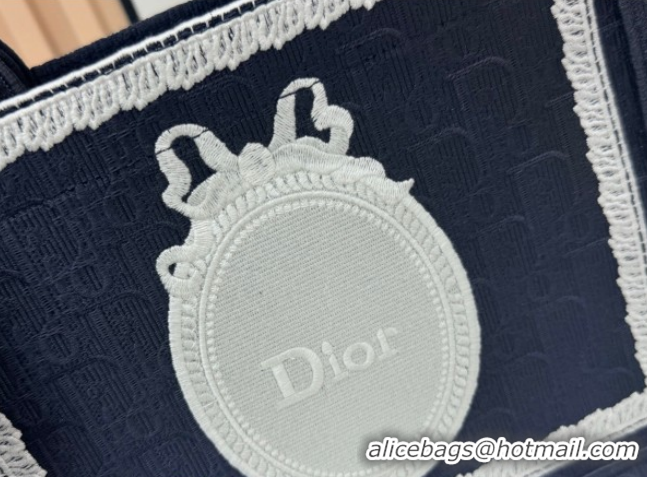 Sumptuous Dior Small Book Tote Bag in Blue Oblique Embroidery with White Lace and Dior Médaillon 0127057 2026