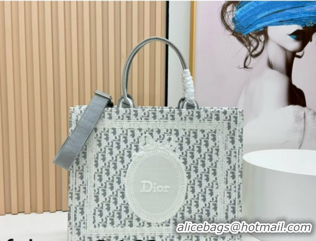 Buy Luxury Dior Large Book Tote Bag in Grey Oblique Embroidery with White Lace and Dior Médaillon 0127058 2026