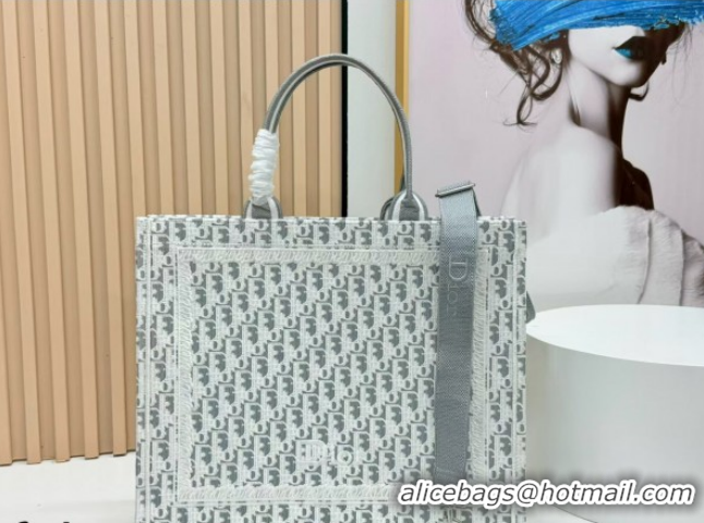 Buy Luxury Dior Large Book Tote Bag in Grey Oblique Embroidery with White Lace and Dior Médaillon 0127058 2026