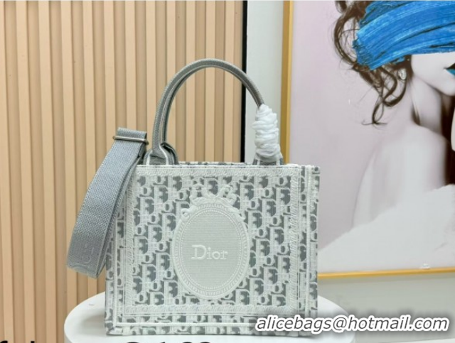 Stylish Dior Small Book Tote Bag in Grey Oblique Embroidery with White Lace and Dior Médaillon 0127060 2026