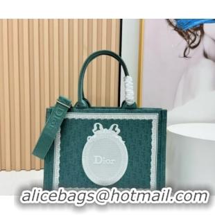 Duplicate Dior Medium Book Tote Bag in Green Oblique Embroidery with White Lace and Dior Médaillon 0127062 2026