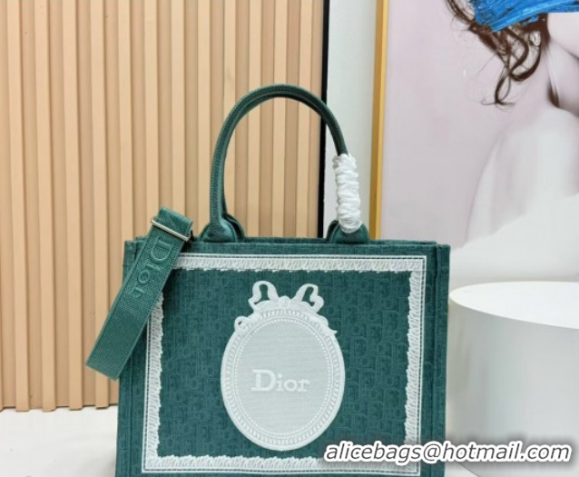 Duplicate Dior Medium Book Tote Bag in Green Oblique Embroidery with White Lace and Dior Médaillon 0127062 2026