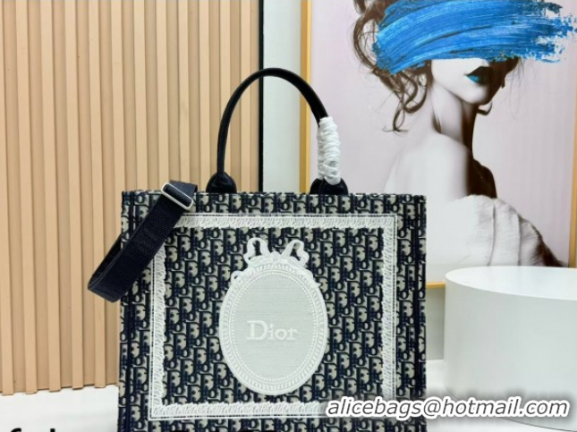 1:1 Dior Large Book Tote Bag in Blue Oblique Embroidery with White Lace and Dior Médaillon 0127064 2026