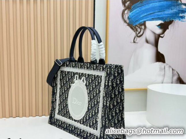 1:1 Dior Large Book Tote Bag in Blue Oblique Embroidery with White Lace and Dior Médaillon 0127064 2026