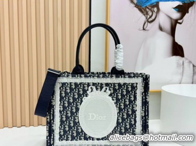 Buy Fashionable Dior Medium Book Tote Bag in Blue Oblique Embroidery with White Lace and Dior Médaillon 0127065 2026