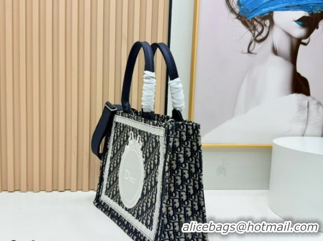 Buy Fashionable Dior Medium Book Tote Bag in Blue Oblique Embroidery with White Lace and Dior Médaillon 0127065 2026