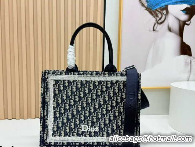 Buy Fashionable Dior Medium Book Tote Bag in Blue Oblique Embroidery with White Lace and Dior Médaillon 0127065 2026