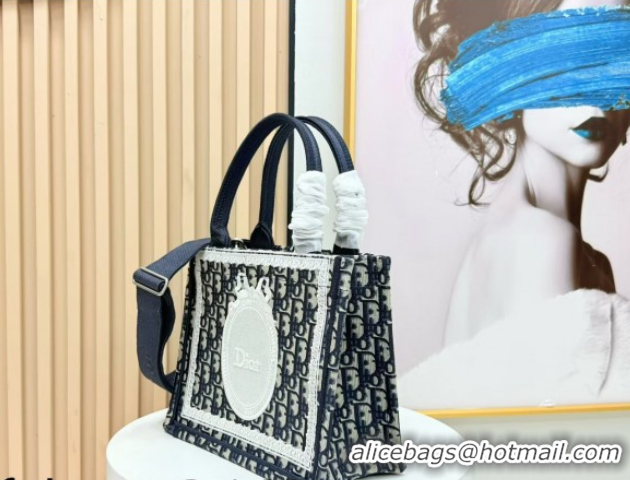 Luxury Dior Small Book Tote Bag in Blue Oblique Embroidery with White Lace and Dior Médaillon 0127066 2026