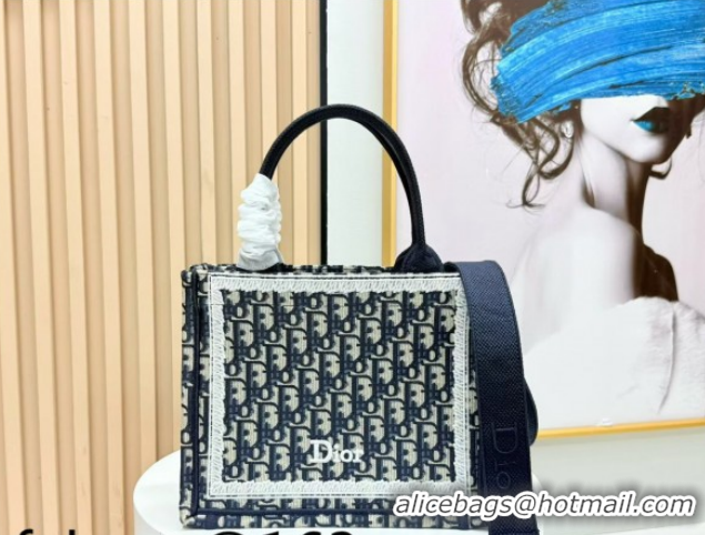 Luxury Dior Small Book Tote Bag in Blue Oblique Embroidery with White Lace and Dior Médaillon 0127066 2026