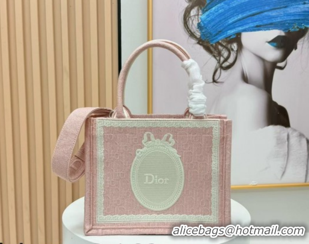 Stylish Dior Small Book Tote Bag in Pink Oblique Embroidery with White Lace and Dior Médaillon 0127069 2026