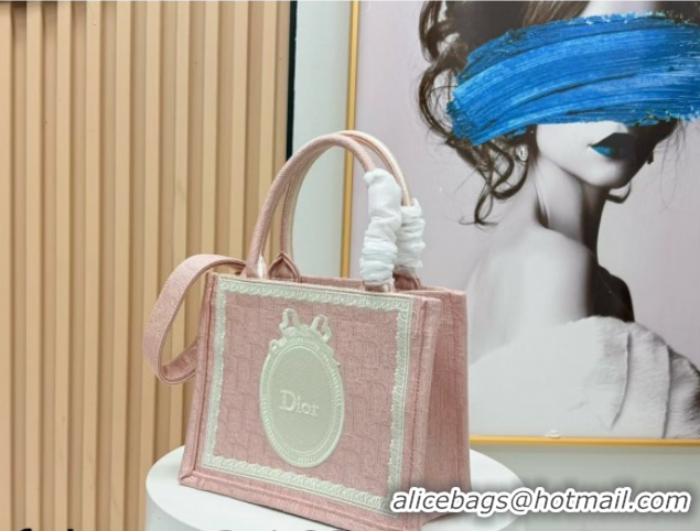 Stylish Dior Small Book Tote Bag in Pink Oblique Embroidery with White Lace and Dior Médaillon 0127069 2026