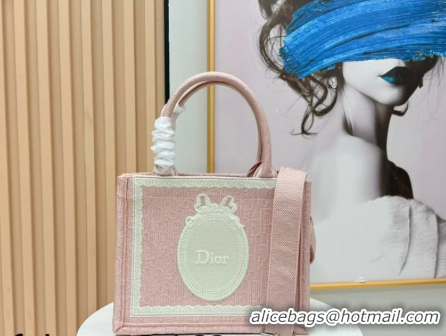 Stylish Dior Small Book Tote Bag in Pink Oblique Embroidery with White Lace and Dior Médaillon 0127069 2026