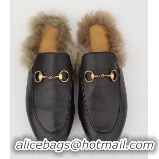 ​Promotional Gucci  Womens Leather Princetown Fur Slippers Flat Mules 89520 Black