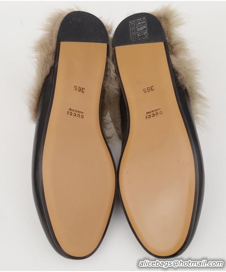 ​Promotional Gucci  Womens Leather Princetown Fur Slippers Flat Mules 89520 Black