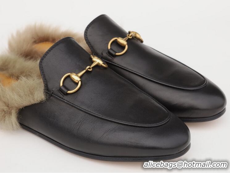 ​Promotional Gucci  Womens Leather Princetown Fur Slippers Flat Mules 89520 Black