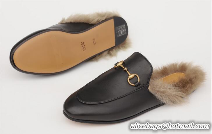 ​Promotional Gucci  Womens Leather Princetown Fur Slippers Flat Mules 89520 Black