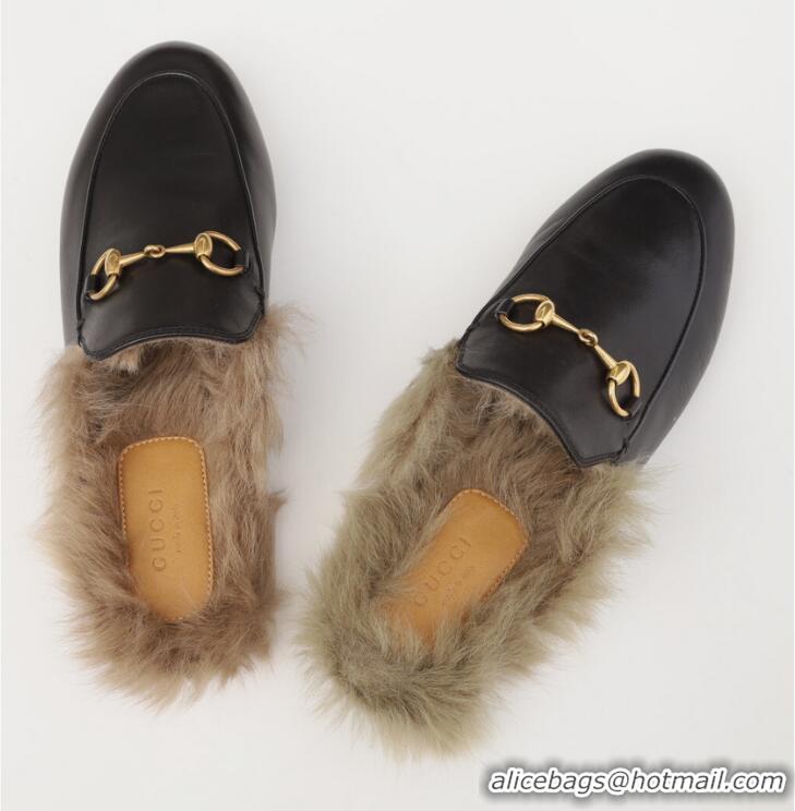 ​Promotional Gucci  Womens Leather Princetown Fur Slippers Flat Mules 89520 Black