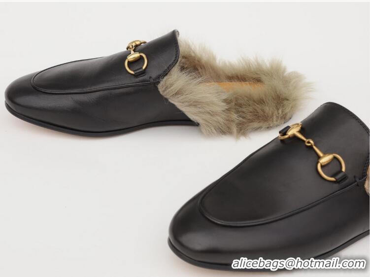 ​Promotional Gucci  Womens Leather Princetown Fur Slippers Flat Mules 89520 Black