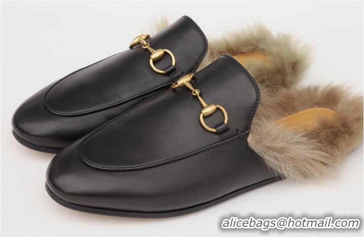 ​Promotional Gucci  Womens Leather Princetown Fur Slippers Flat Mules 89520 Black
