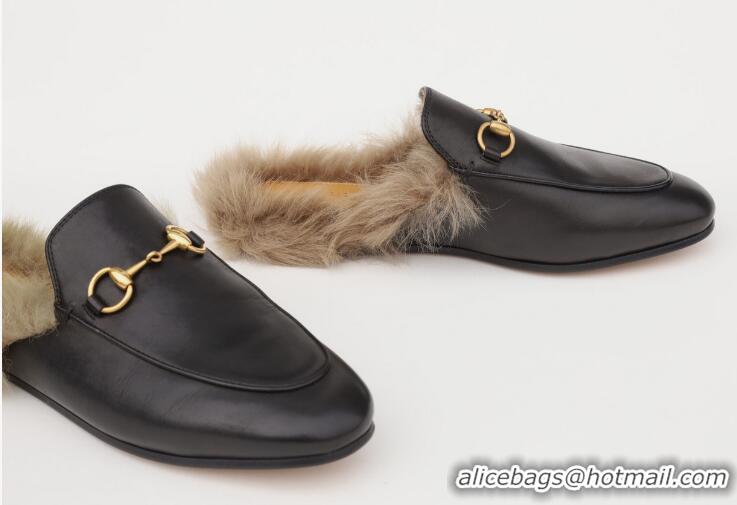 ​Promotional Gucci  Womens Leather Princetown Fur Slippers Flat Mules 89520 Black