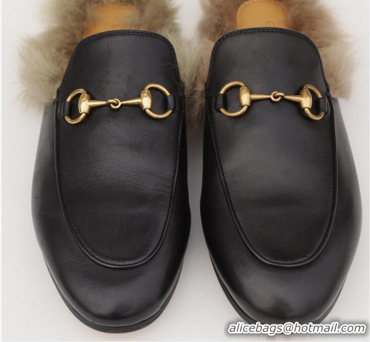 ​Promotional Gucci  Womens Leather Princetown Fur Slippers Flat Mules 89520 Black