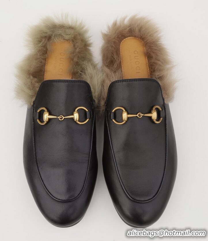 ​Promotional Gucci  Womens Leather Princetown Fur Slippers Flat Mules 89520 Black