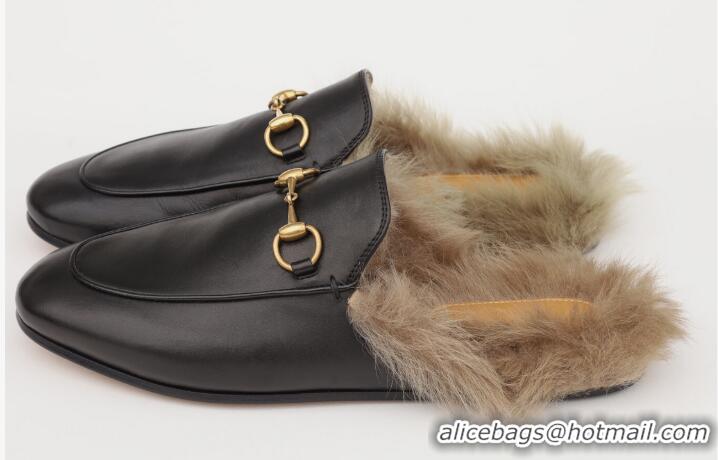 ​Promotional Gucci  Womens Leather Princetown Fur Slippers Flat Mules 89520 Black