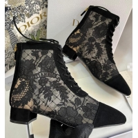 Stylish Dior Naughtily-D Lace-up Ankle Boots in Black Transparent Mesh and Suede Embroidered with Dior Roses Motif 07107