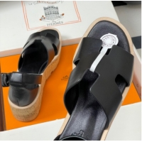 Low Cost Hermes Luce Wedge Platform Sandals 7cm in Calfskin Leather H252131 Black 2026