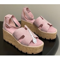 Best Price Hermes Luce Wedge Platform Sandals 7cm in Suede Pink H252131 2026
