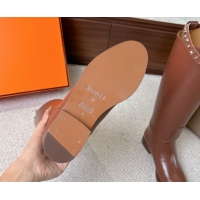 Durable Hermes Jumping High Flat Boots in Calfskin Leather with Studded Kelly Buckle Strap H102302 Brown 2026