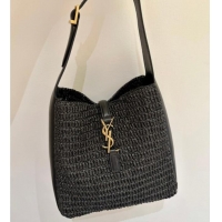 Inexpensive Saint Laurent LE 5 À 7 Supple Small Hobo Bag in Raffia Straw Like and Leather 713938 Black 2026