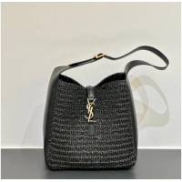 Inexpensive Saint Laurent LE 5 À 7 Supple Small Hobo Bag in Raffia Straw Like and Leather 713938 Black 2026