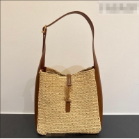 Discount Saint Laurent LE 5 À 7 Supple Small Hobo Bag in Raffia Straw Like and Leather 713938 BrownKhaki 2026