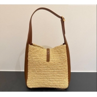 Discount Saint Laurent LE 5 À 7 Supple Small Hobo Bag in Raffia Straw Like and Leather 713938 BrownKhaki 2026
