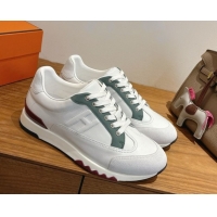 Generous Hermes Trail Sneakers in Calfskin and Suede White/Green 1222015 2026