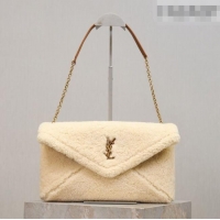 Top Grade Saint Laurent Cassandre Large Envelope Pouch in Shearling with Chain 769307 White 2025