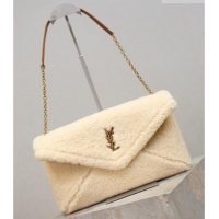 Top Grade Saint Laurent Cassandre Large Envelope Pouch in Shearling with Chain 769307 White 2025