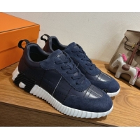 Best Grade Hermes Bouncing Sneakers in Embroidered Leather and Suede Dark Blue 1222042 2026