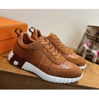 Duplicate Hermes Bouncing Sneakers in Embroidered Leather and Suede Tan Brown 1222044 2026