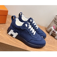 Classic Hot Hermes Bouncing Sneakers in Fringed H Canvas Navy Blue 1222064 2026
