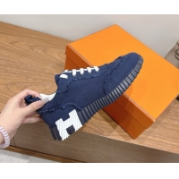 Classic Hot Hermes Bouncing Sneakers in Fringed H Canvas Navy Blue 1222064 2026