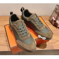Top Grade Hermes Bouncing Sneakers in Cotton Canvas and Suede Green/Brown c2026