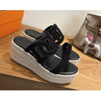 Top Quality Hermes Lipari Wedge Slides Sandal in Suede Black 1222092 2026