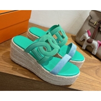 Cheap Hermes Lipari Wedge Slides Sandal in Suede Green/Blue 1222094 2026