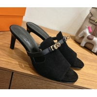 New Design Hermes Kelly Strap Medium Heel Slides Sandal in Suede Black HS122201 2026