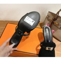 New Design Hermes Kelly Strap Medium Heel Slides Sandal in Suede Black HS122201 2026