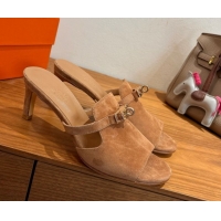 Buy Duplicate Hermes Kelly Strap Medium Heel Slides Sandal in Suede Light Brown HS122201 2026